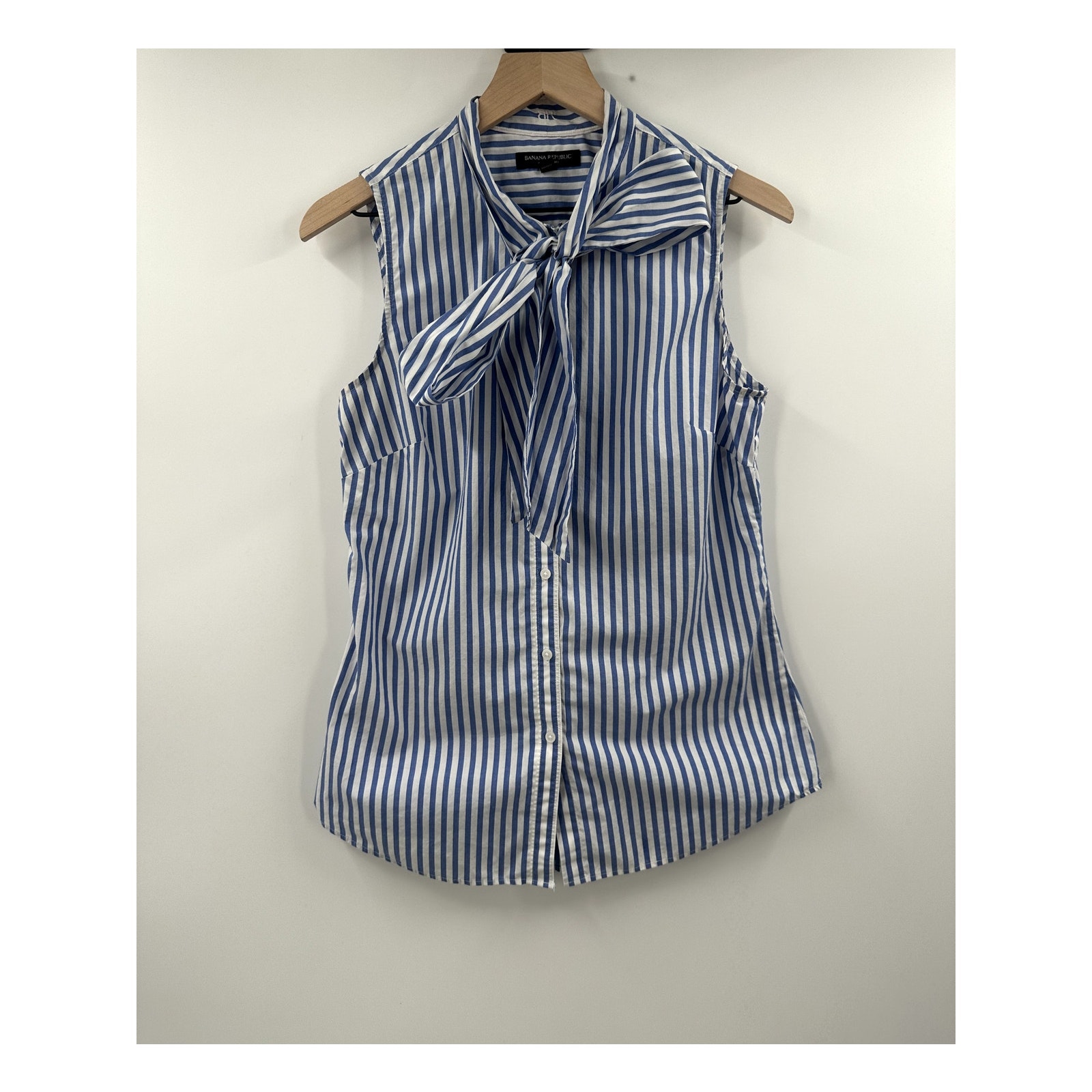 Banana Republic Blue And White Striped Sleeveless Tie-Neck Blouse